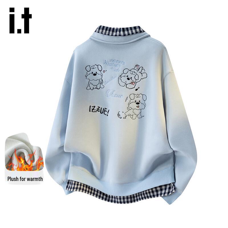 Izzueit Women's Cartoon Embroidered Fleece-Lined Color-Block Lapel Sweatshirt