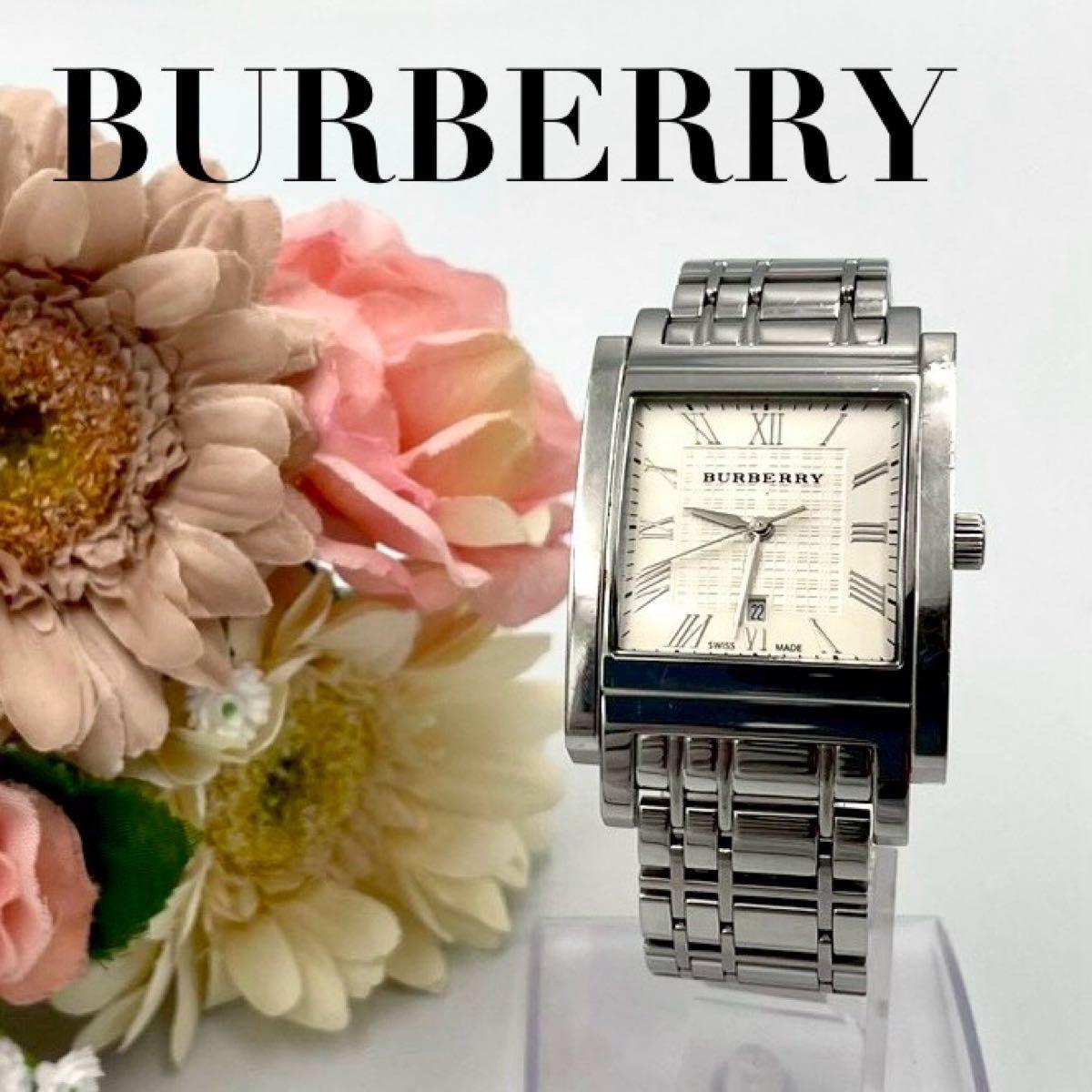 Used 945 New Battery BURBERRY BU1550 Date Square Nova Check Watch Quartz Silver Men s