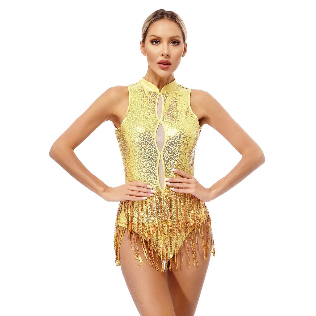 Maillot de corps brillant à paillettes et franges pour femme Trou de serrure Sans manches Dos nu à franges Costume de performance de danse