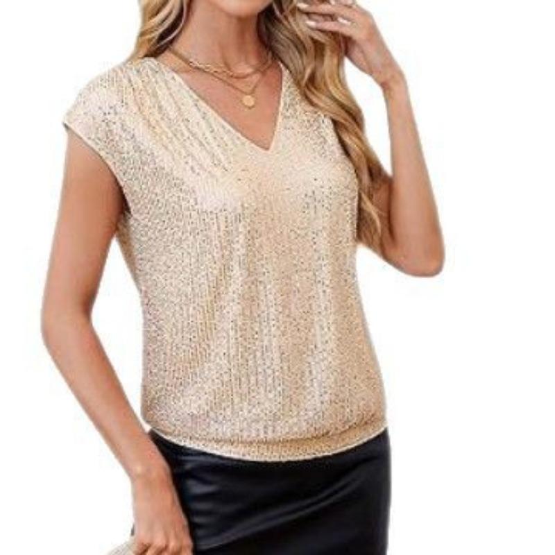Women Sequined Raglan Sleeve V Neck Solid Color Slim Fit Casual T Shirt Top