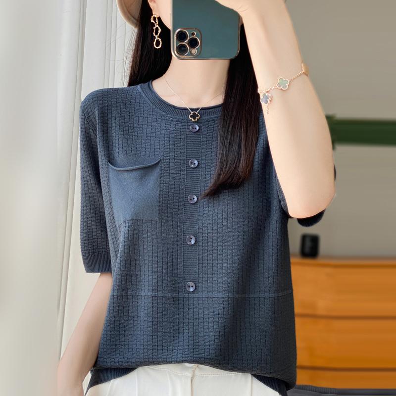 Women Knit T-shirt Summer Knitted Shirt Short Sleeve Tees O-neck Pullover Knit Tops Female