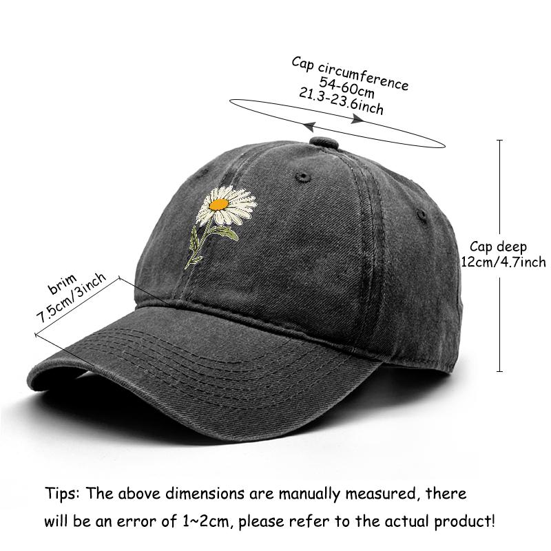 White Daisy Print Adjustable Sun Hat, Flower Sports Hat Cotton Inelastic Sun Protective Cozy Snapback Baseball Cap