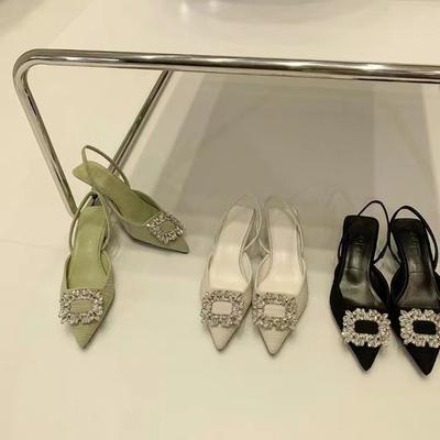 Baotou Sandalen Damen neu Sommer Strass eckige Schnalle Feenwind hinten leer Französisch dünner Absatz hoher Absatz spitz Einzelne Schuhe