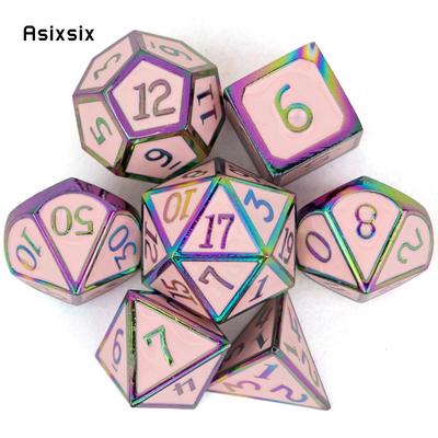 7-teiliges rosa, farbenfrohes Standard-Metallwürfel-Set aus massivem Metall mit polyedrischen Würfeln, geeignet für Rollenspiele, RPG-Brettspiele, Kartenspiele