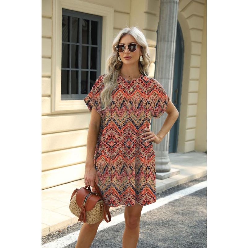 YYFS Damenmode Sommer Frühling Blumenmuster Druck Kurzarm O-Ausschnitt Lose Taille Freizeitkleider