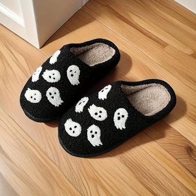 Hausschuhe mit Halloween-Geistermuster, lässige Schuhe mit Plüschfutter, gemütliche Hausschuhe für den Innenbereich