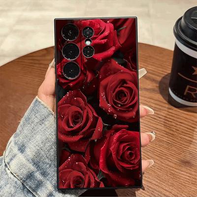 Red Rose Pattern with Dew Drops Case for Samsung Galaxy S25 S24 Ultra S23 S22 S21 S20 FE Plus Soft TPU Slim Fit Shockproof Cover