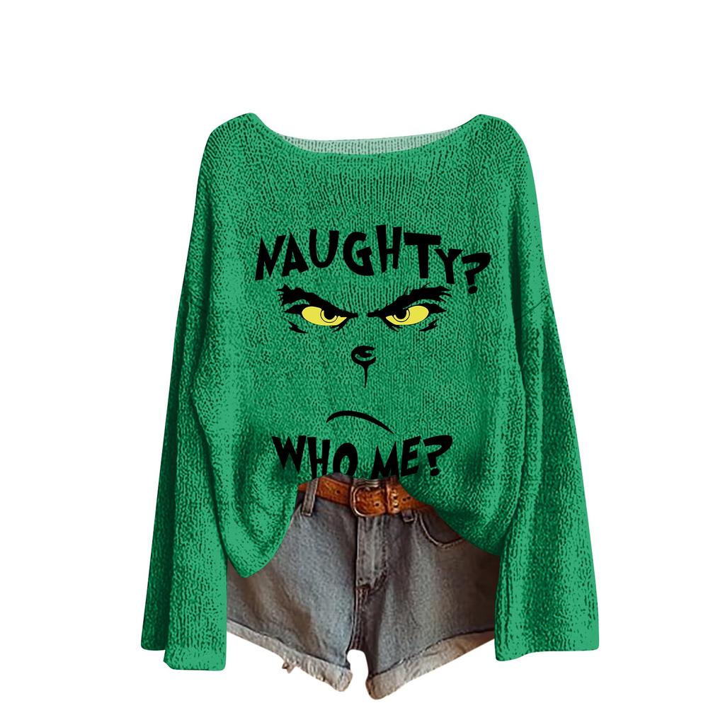 Women's Round Neck Lightweight Sweater Casual Long Sleeve Christmas Print Knit Pullover.