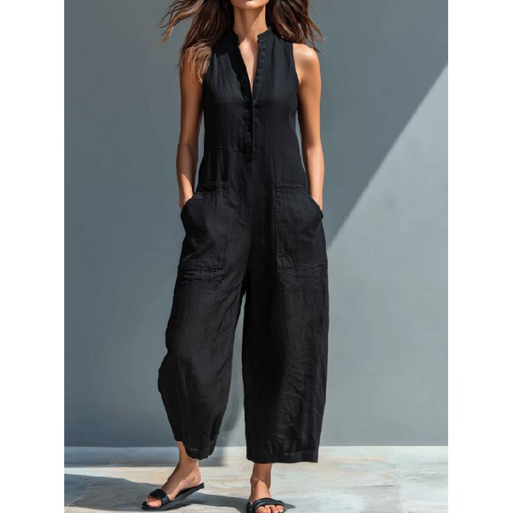 Summer New Casual Women s Solid Color Sleeveless Stand Collar Pocket Jumpsuit S