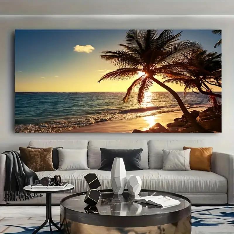

Unframed Canvas Poster, Modern Art, Beach Sunset Wall Art Decor, Sea Wave Palm Seascape Landscap 20x40cm No Framed