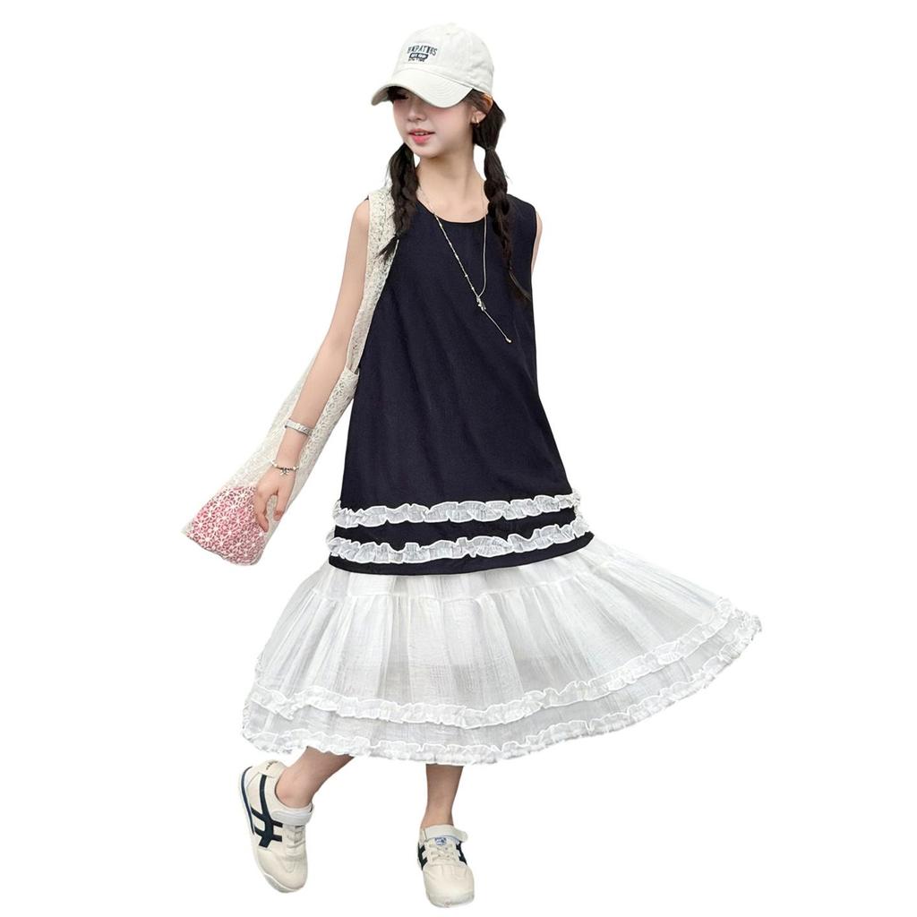 Girls' Korean Style Sleeveless Lace Dress - Summer Patchwork Princess Skirt for Older Children