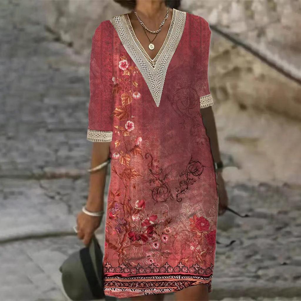 Women's Fashion Summer Spring 2/1 Sleeve V-Neck Casual Dresses