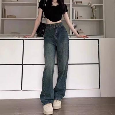 Calça jeans feminina de cintura alta e perna reta contrastante, calça feminina solta de outono, moda urbana