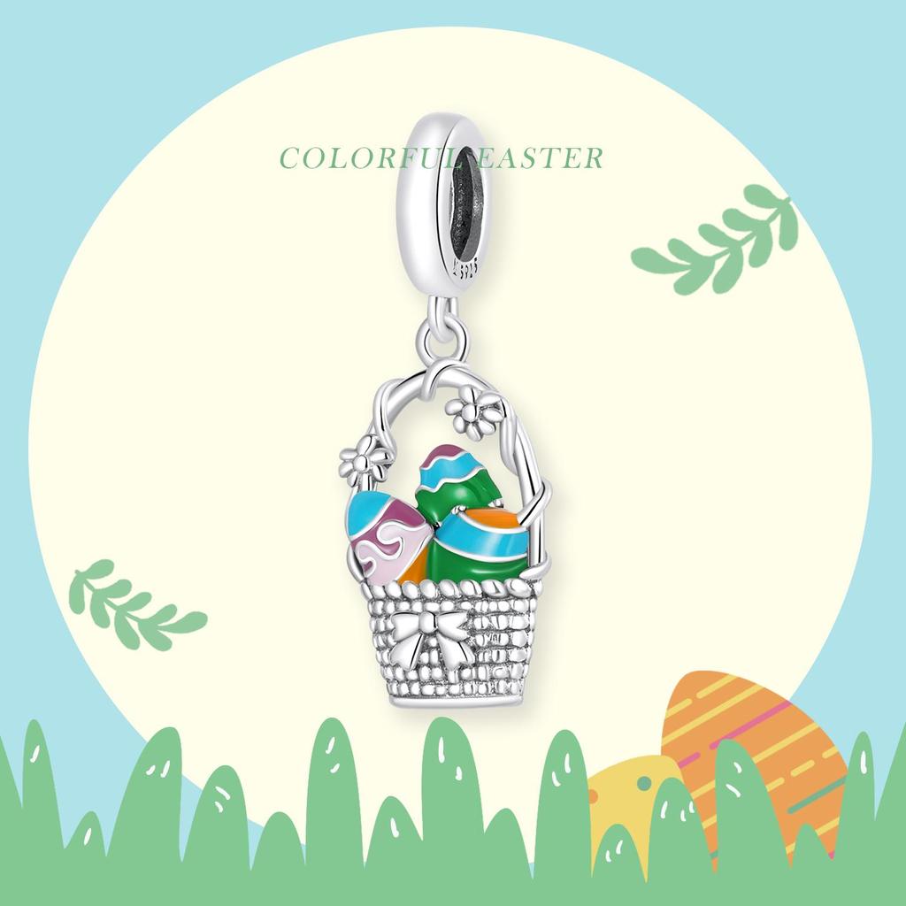 WOSTU 925 Sterling Silver Easter Egg Basket Flowers Charm Bead Pendant Fit Original Bracelet Necklace For Women Jewelry