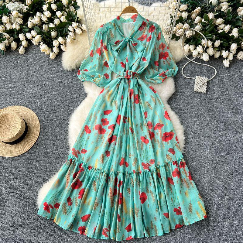 Lightly Mature Elegant Dress Women's French Fancy Bows Shoelace Puff Sleeves Waist Trimming Ruffles Printed Dress