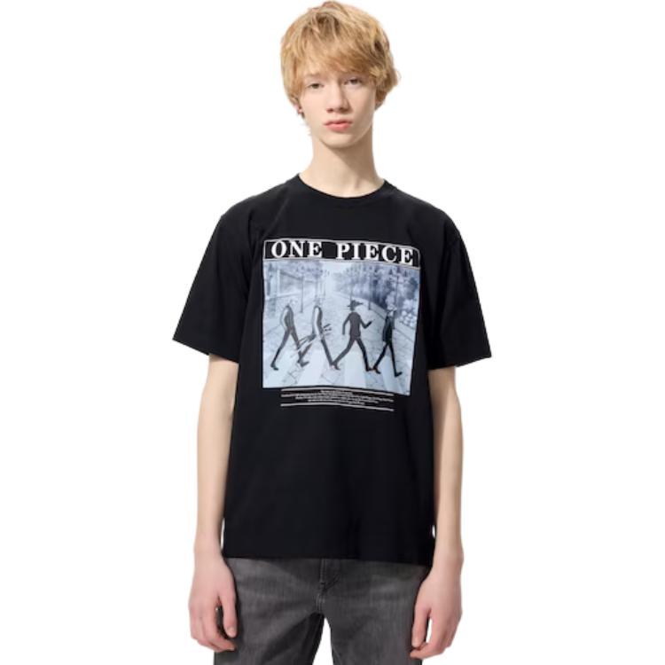 Uniqlo × One Piece Collaboration SS25 Character Pattern Letter Print Crew Neck Casual Loose Short Sleeve T-Shirt Men T-Shirts Black 480694-09