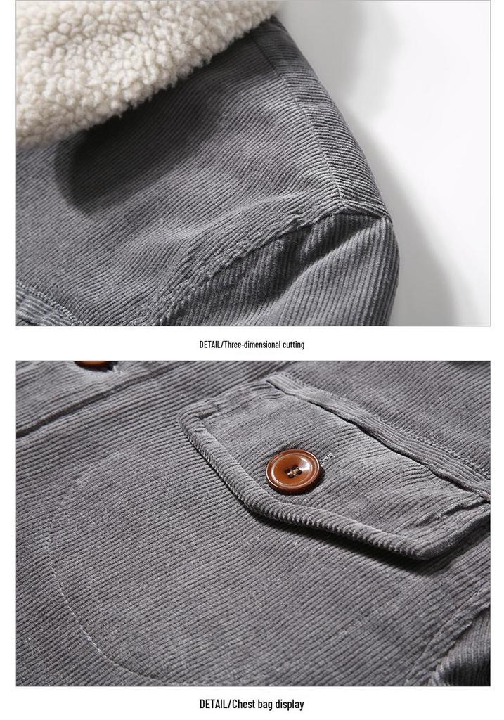 Men's Warm Corduroy Workwear Jacket, Plus Velvet Thickened, Winter Dad's Coat