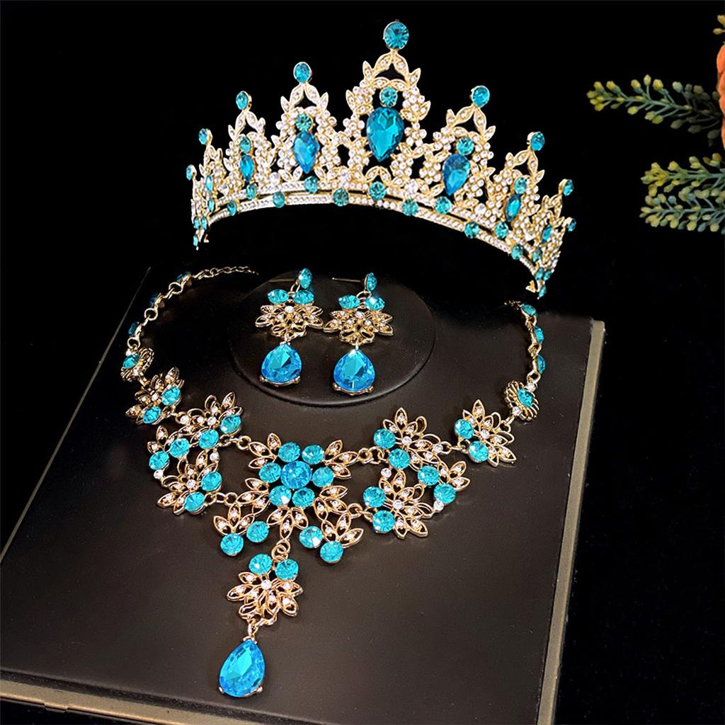 New Bridal Tiara Crown Three Piece Set Wedding Necklace Earrings Rhinestone Set European and American Wedding Accessories