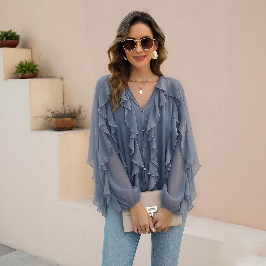Women's V Neck Long Sleeve Blouse with Layered Ruffle Decoration Button Front Loose Fit Fashion Shirt Top for Casual Office Wear