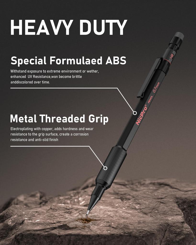 Nicpro 0.7mm Mechanical Pencil Set with Case, MP2000, 3 Metal Artist Mechanical Pencils, 6 Tube HB Lead Refills, Eraser, and Weather-Resistant Barrel