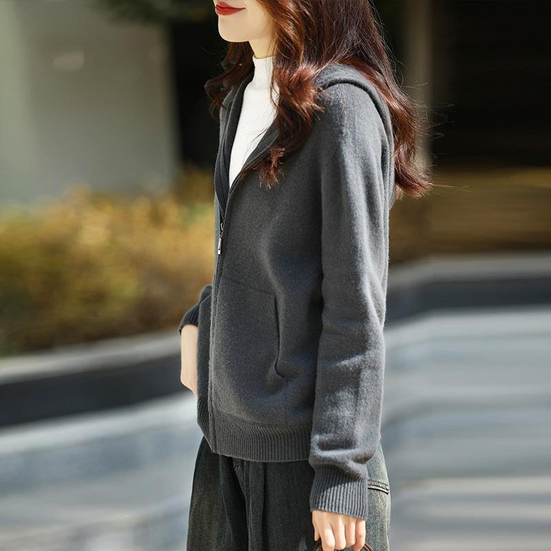 Korean Style 2026 Autumn/Winter Zipper Pocket Knit Hooded Jacket - Casual Loose Long Sleeve Outerwear