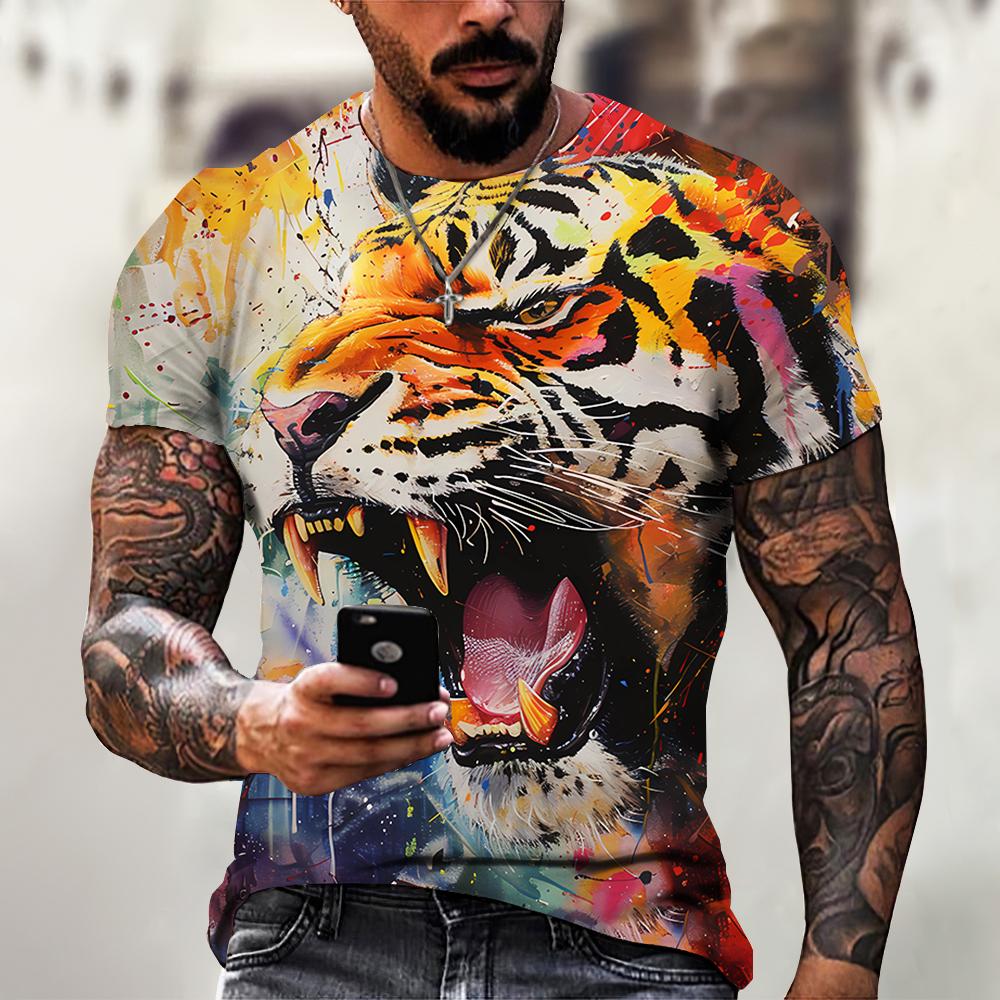 Men's T-shirt Summer Outdoor Breathable Round Neck Top Short Sleeve 3D Tiger Printed Pattern Large Loose Men's Tshirt