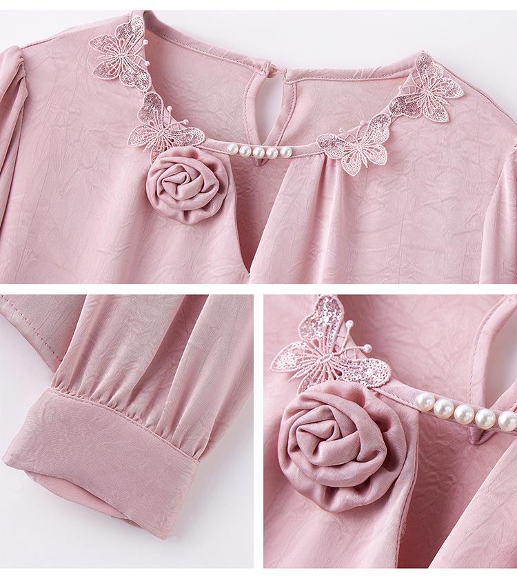 Spring 2025 Lace Butterfly Patchwork Two-Piece Set: Long Sleeve Shirt & Midi Skirt