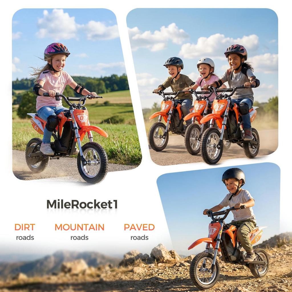 HillMiles MileRocket 1 Kids Electric Dirt Bike 36V 250W 12" Wheels 25km/h Max Speed 20km Range Dual Shock Absorber for Kids Teens