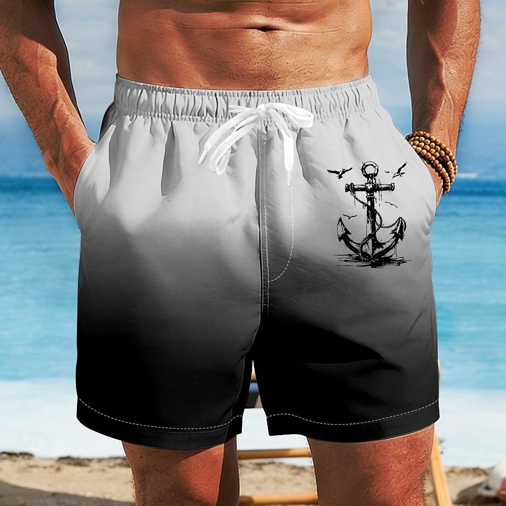 Men's Nautical Anchor Gradient Color Swim Trunks Bathing Suits Swim Shorts Board Shorts Mid Waist Hawaiian Beach Vacation