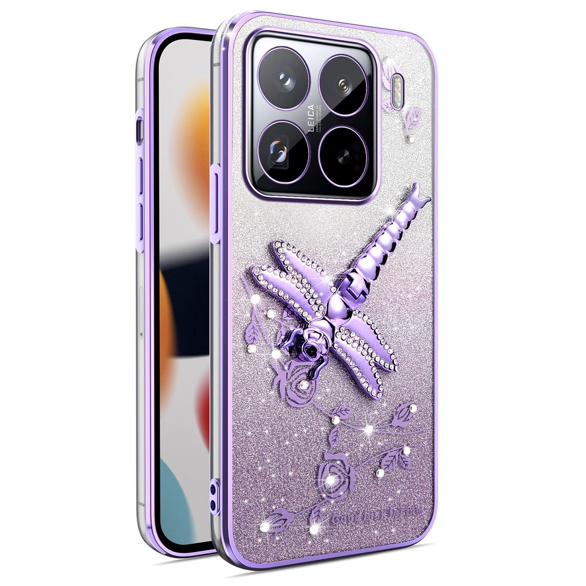 

KADEM For Xiaomi 15 Pro Case Dragonfly Kickstand TPU Flowers Glitter Phone Cover Purple