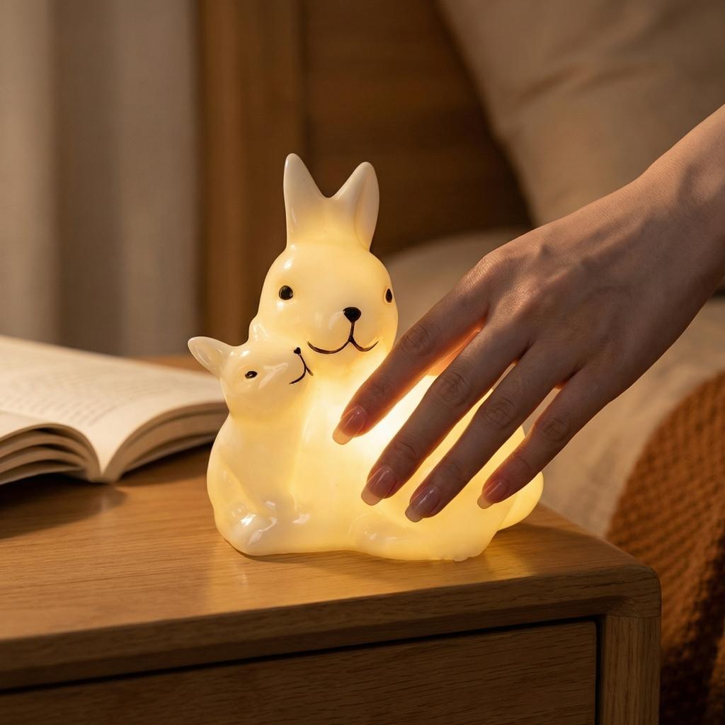 Rabbit Night Light Decorative Figurine Glowing Table Lamp Bedroom Ornament Soft Light Nighttime Ambient Lighting for Kids and Adults