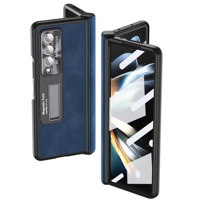 Fashion Front Glass Protector Leather Case For Samsung Galaxy Z Fold4 Zfold4 Fold 3 Fold3 Fold 4 Comfortable Kickstand Cover