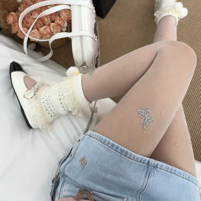 Sweet 3D Butterfly Diamond Stockings Spring New Y2K Spicy Girl Girl Pantyhose Jk Lolita Cute Skirt Accessories Stockings