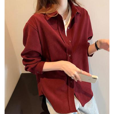 Women's Collar Long Sleeve Loose Fit Corduroy Shirt Casual Button Down Blouse