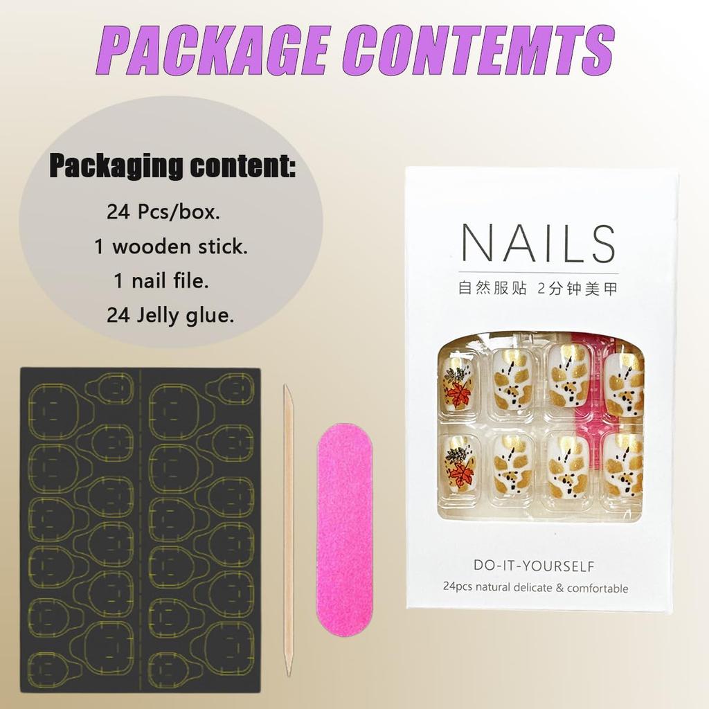 24 Pcs Maple Leaf Press On Nails Short Square Fall Leaves Fake Nails Glue On Nails Autumn Acrylic Nails with Gold Foil Designs Reusable Maple Leaves
