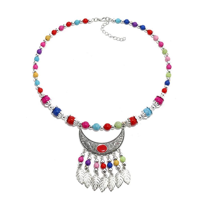 1PC Ethnic Multicolor Long Chain Boho Stone Beads Jewelry Accessories Leaf Red Stone Alloy Carving Gaskets Tassel Necklace