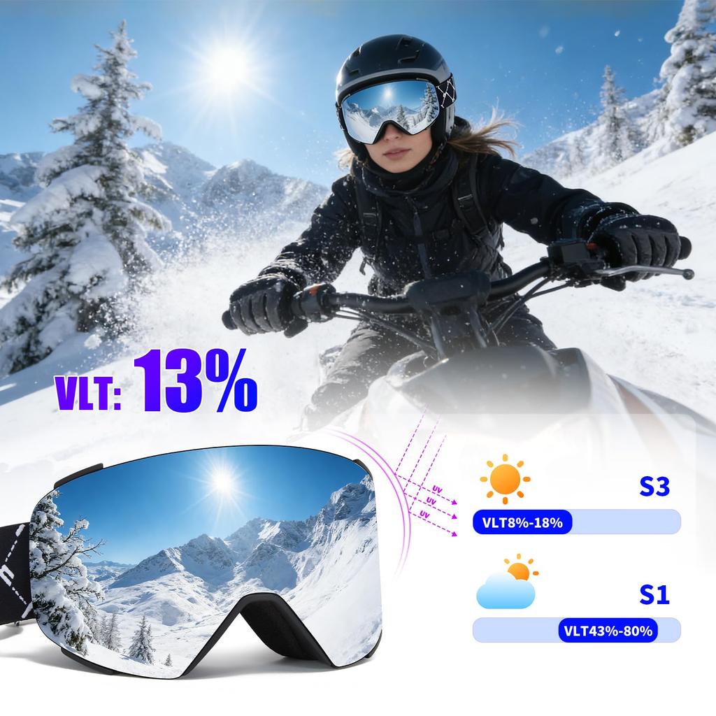 VCOROS Ski Goggles with Magnetic Lenses, Snow Goggles, Snowboard Goggles, Glasses Compatible, UV400 Protection, OTG Wide Field of View, Anti-Slip Stra