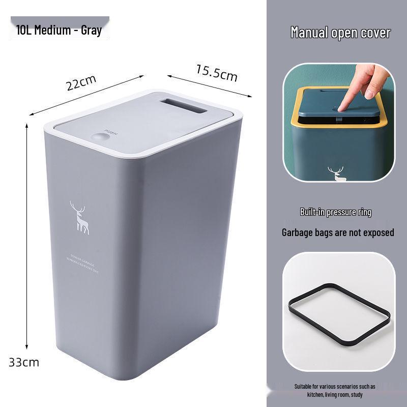 High-Capacity Press-Open Trash Can with Lid for Kitchen & Living Room - Stylish & Popular