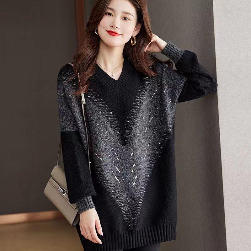 Fashionable Loose Long V-neck Sweater for Women with Mid-length Design and Plus Size