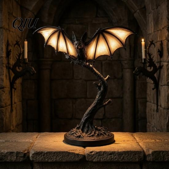 Gotische Harz-Tischlampen Fledermaus Baumast Nachtlicht, Halloween Tischdekoration Lampe Geschenk für Liebhaber mit Warmem Schein, Gruselige Schreibtischverzierung Zuhause