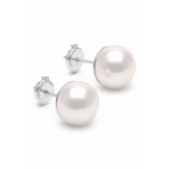 Boucles d'oreilles - PEARLS &amp; COLORS - Boutons - Perle d'eau douce 10-11 mm - Perle blanche AAA+ - Or blanc 9 ct