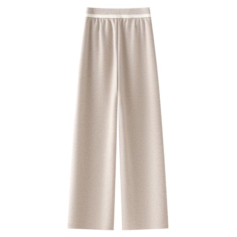 Women's Beige Acetate Wool Wide-Leg Pants - New 2024 Autumn/Winter Casual Straight-Leg Design
