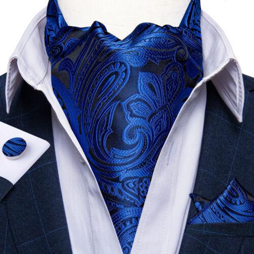 Mens Ascot Silk Cravat Blue Paisley Tie Handkerchief Cufflinks Set Formal Party