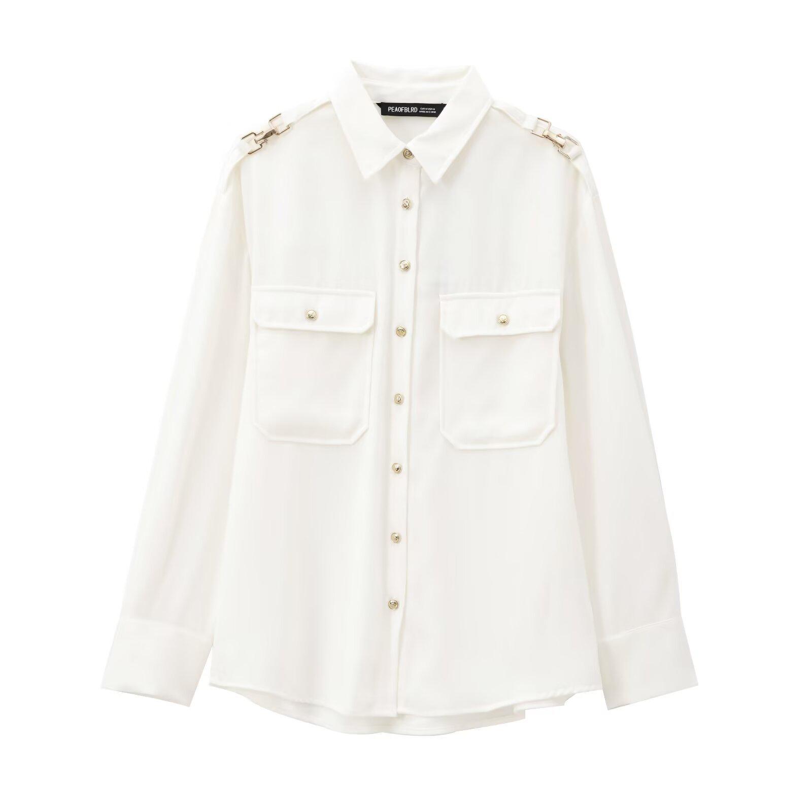 

Exclusive European & American Style Women s Casual Fashion Crepe Top with Shoulder Embellishments Medium