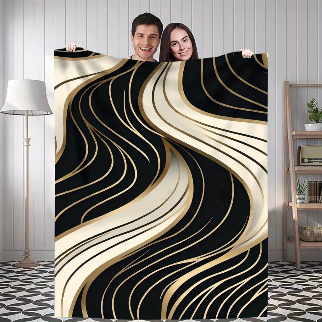 1pc Modern Abstract Ripple Throw Blanket - Black & Golden Accent Design, Soft Flannel All-Season Warmth for Home, Office, Campin