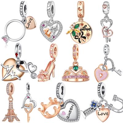 Luxus Roségold Kupfer Liebesherz Krone Hängeanhänger Passend für Original Armband Eiffelturm Anhänger Für Frauen Halskette Schmuck