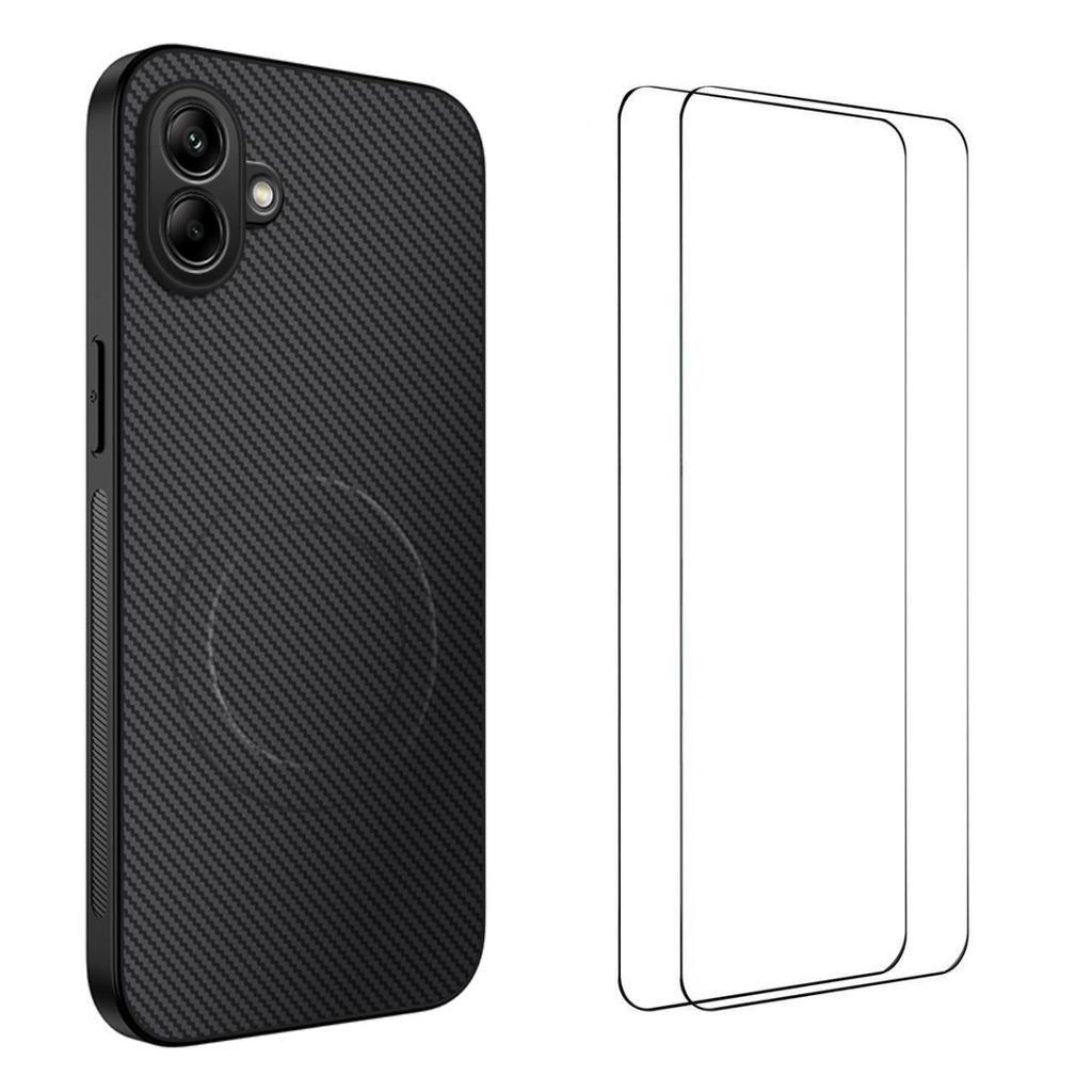 For Samsung Galaxy A06 5G Magnetic Case WANLONFENG TQ1 Series Carbon Fiber Texture PC TPU Phone Cover with 2Pcs Screen Films