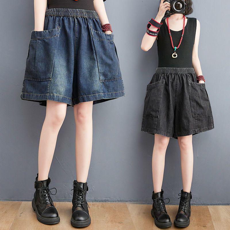 Summer 2025 Women's Elastic Waist Thin Denim Shorts - Plus Size, Loose Wide Leg, Cropped Fit for Slimming