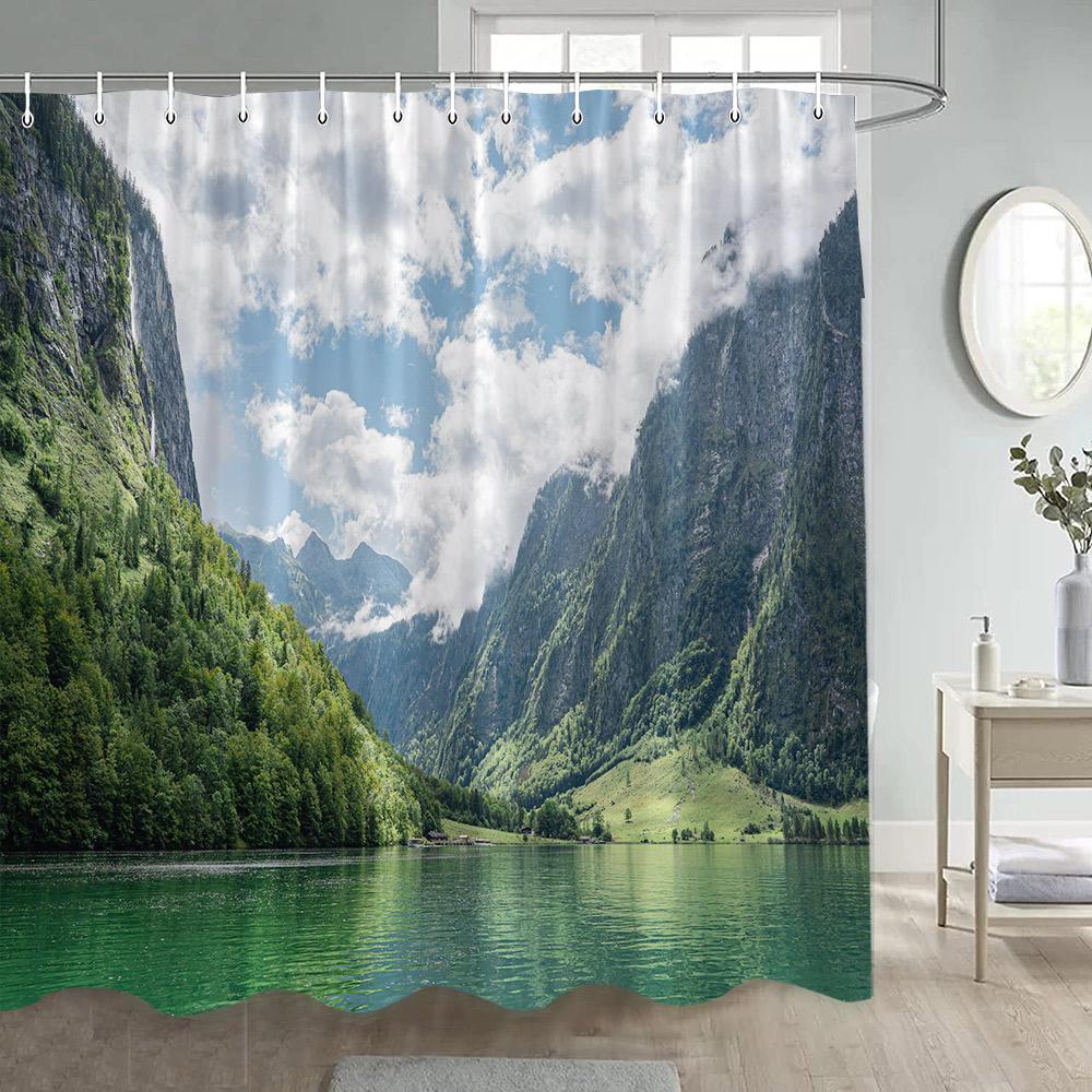 Natürliche Rustikale Landschaft Duschvorhänge See Berg Bäume Blumen Pflanze Badevorhang Für Badezimmer Dekoration Polyester Stoff Set