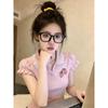 American retro polo collar strawberry embroidered short-sleeved T-shirt for women, new lace lace splicing pink top